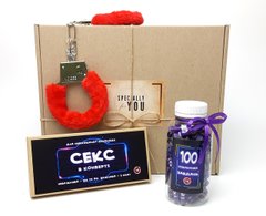 Подарок для взрослых "В плену страсти": наручники с красным мехомб секс-конверт, 100 интимных заданий,